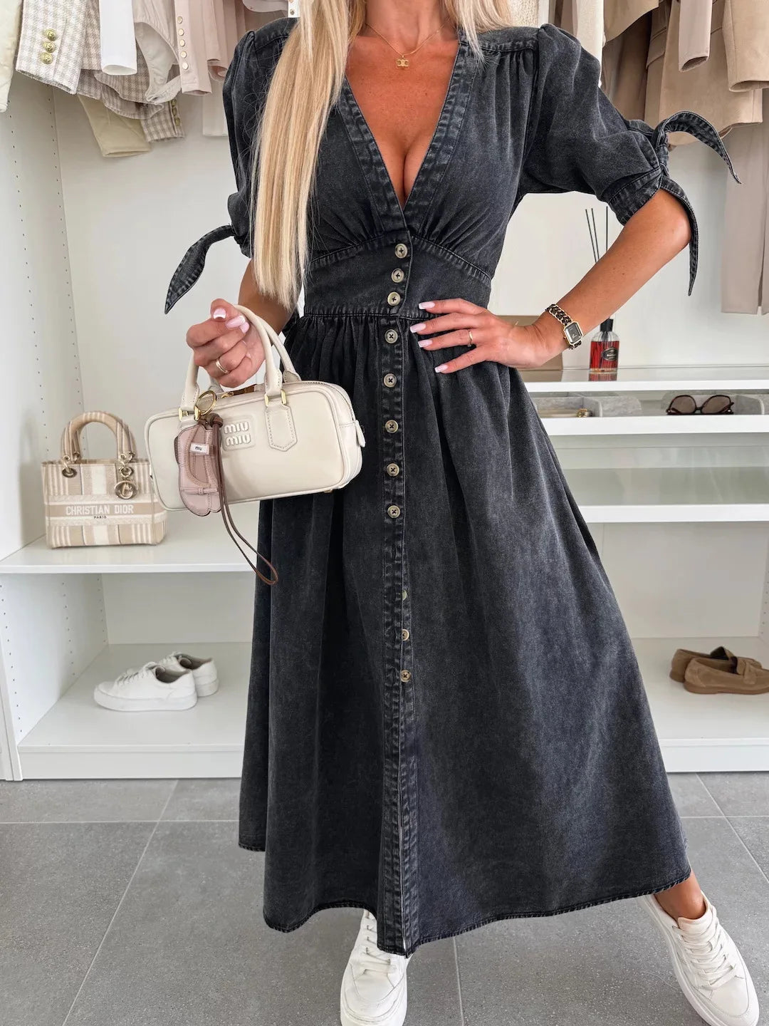 Ladies New Fashion Sexy V-neck Denim Dress