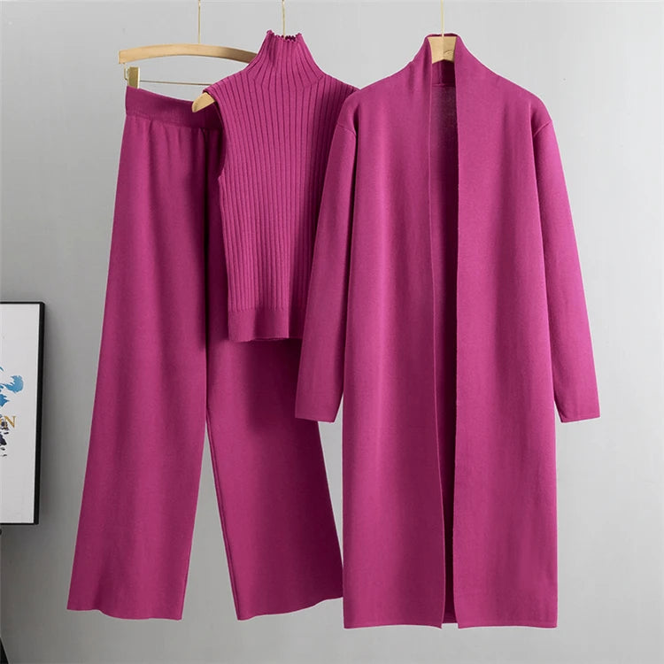 Elegant 3-Piece Knitted Set – Cardigan, Top & Wide-Leg Pants