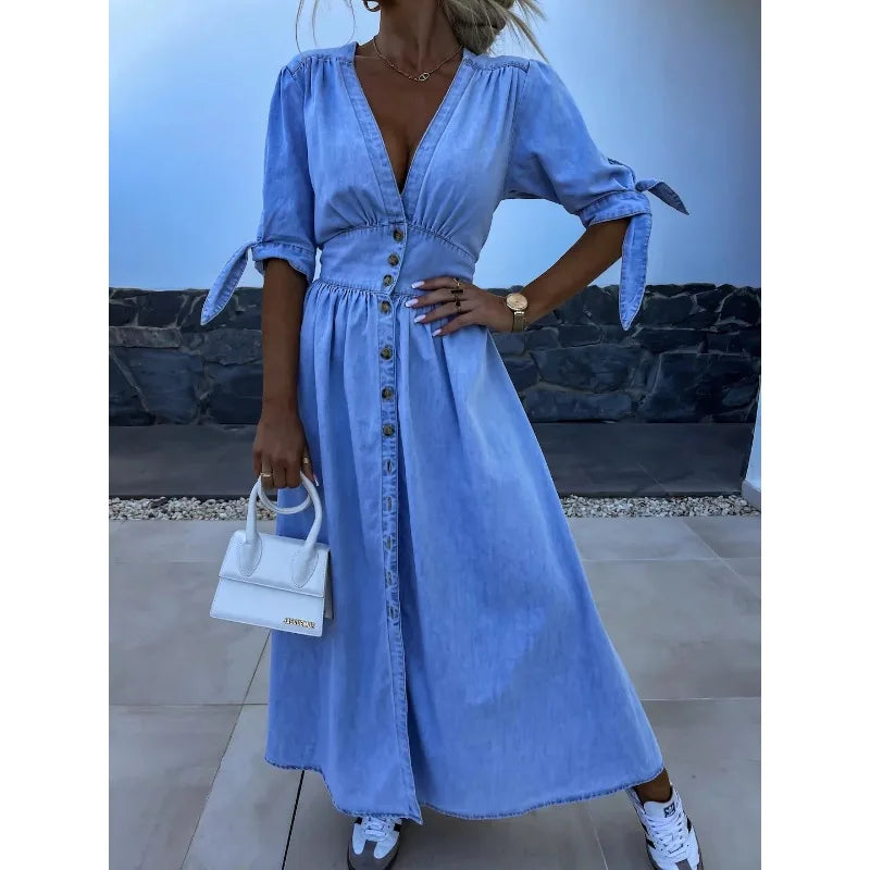 Ladies New Fashion Sexy V-neck Denim Dress