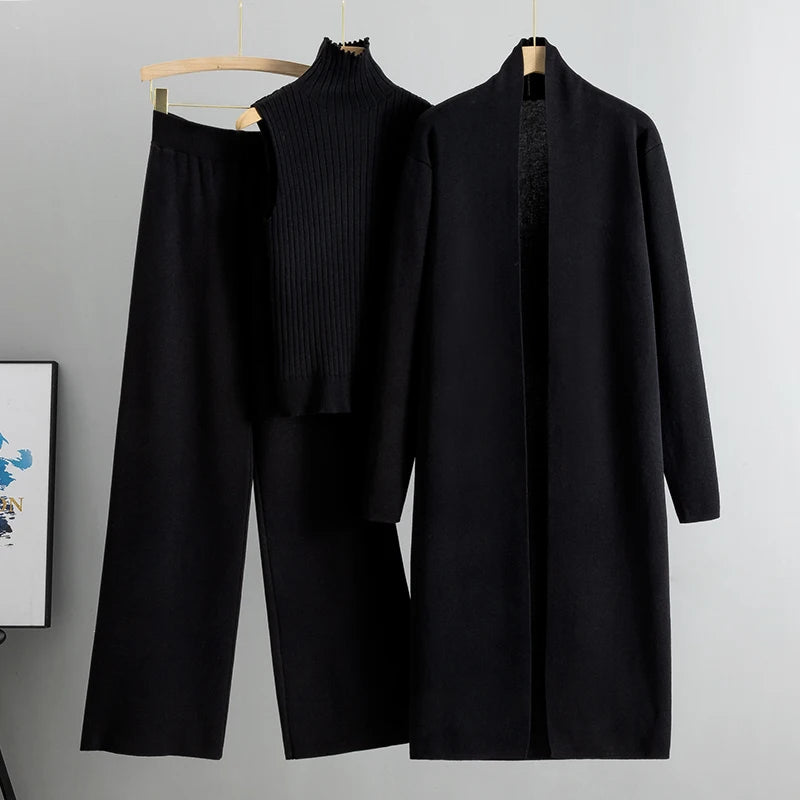 Elegant 3-Piece Knitted Set – Cardigan, Top & Wide-Leg Pants