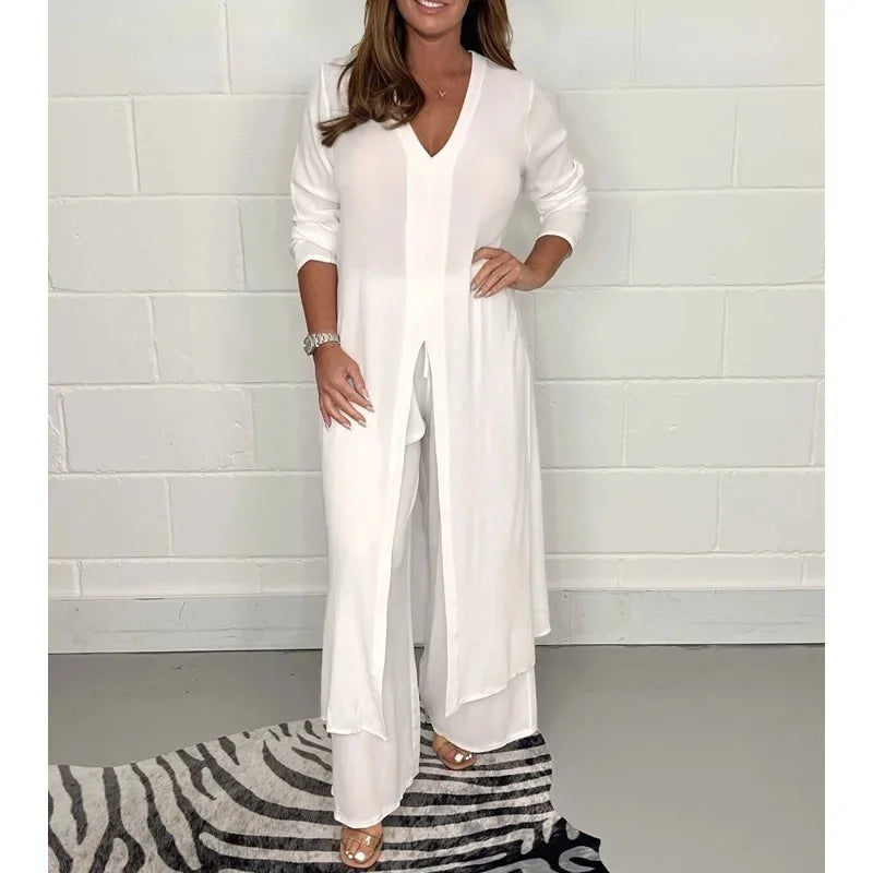 Women's Solid Color Slit Top & Trousers Set