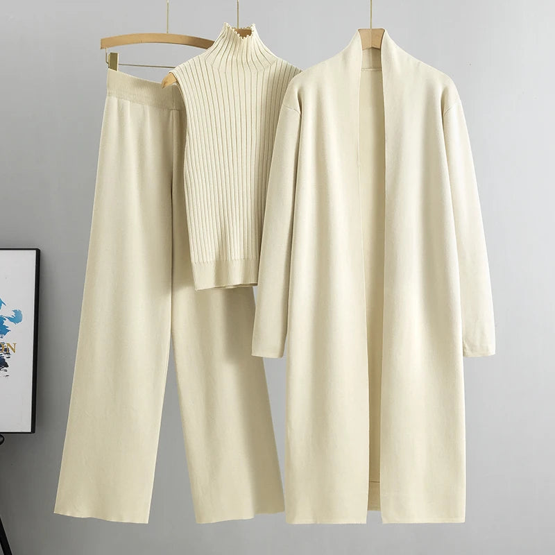 Elegant 3-Piece Knitted Set – Cardigan, Top & Wide-Leg Pants