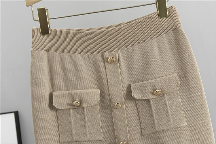 Elegant Knit Sweater & High-Waist Skirt Set – Chic Office Wear