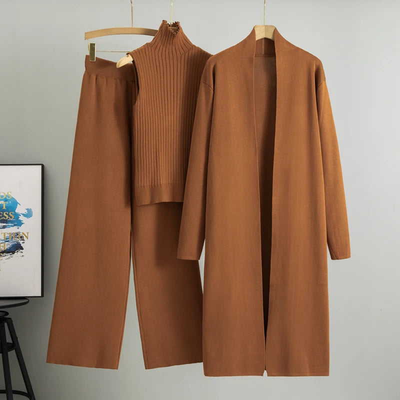 Elegant 3-Piece Knitted Set – Cardigan, Top & Wide-Leg Pants