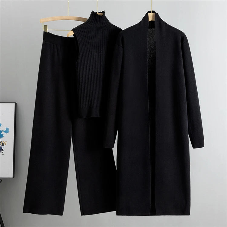 Elegant 3-Piece Knitted Set – Cardigan, Top & Wide-Leg Pants