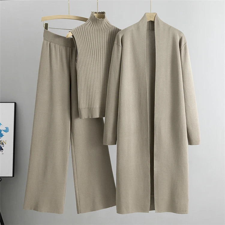 Elegant 3-Piece Knitted Set – Cardigan, Top & Wide-Leg Pants
