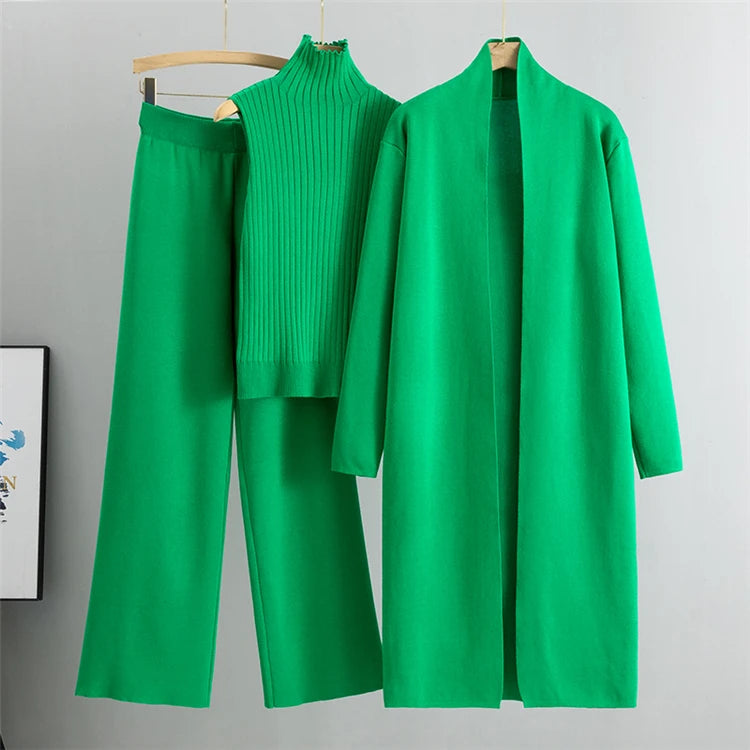 Elegant 3-Piece Knitted Set – Cardigan, Top & Wide-Leg Pants