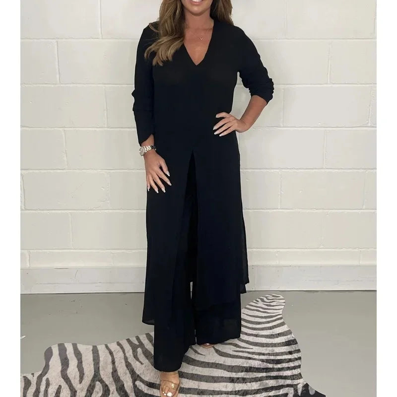 Women's Solid Color Slit Top & Trousers Set