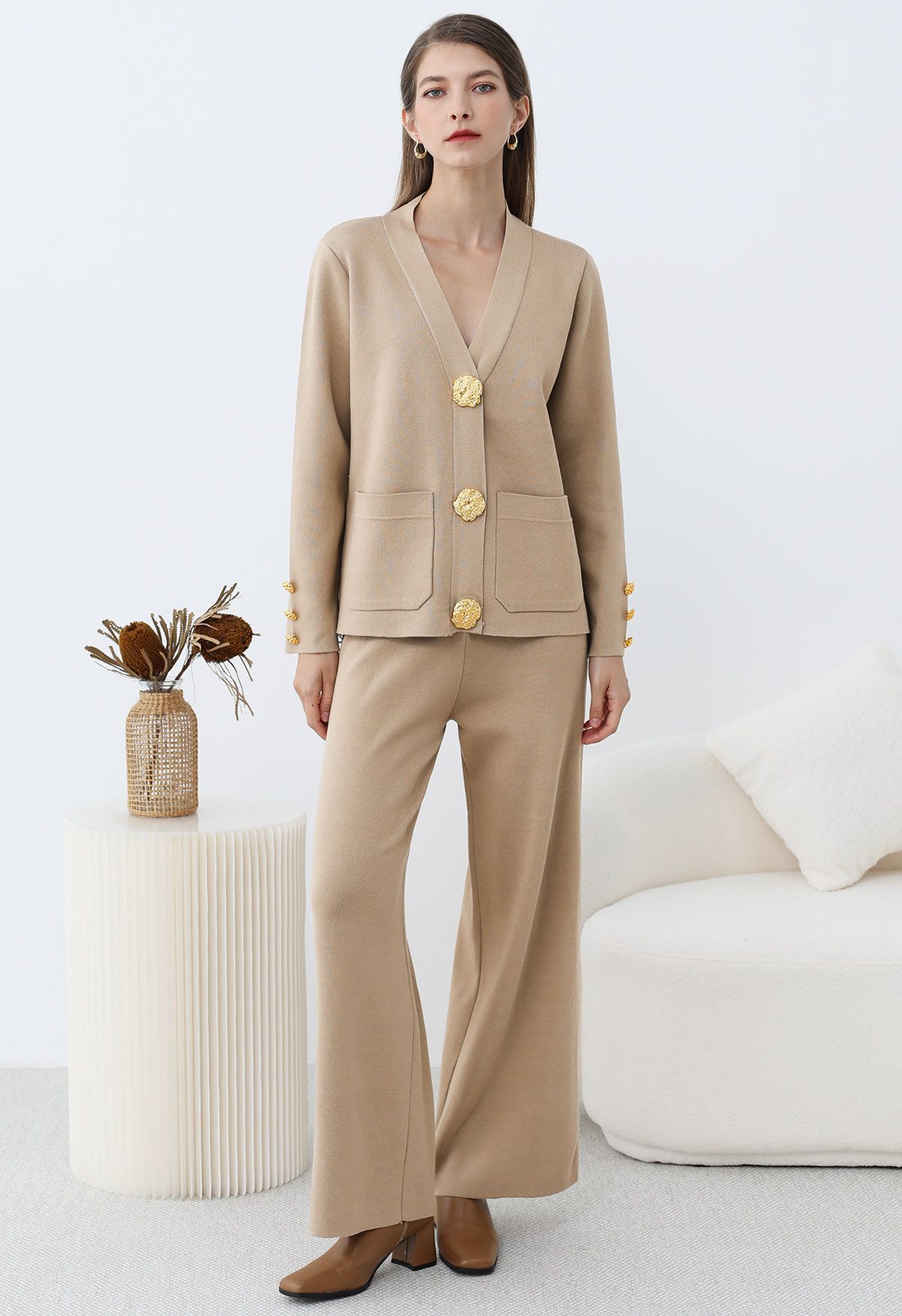 Elegant Knit Sweater Set – V-Neck Cardigan & Wide-Leg Pants