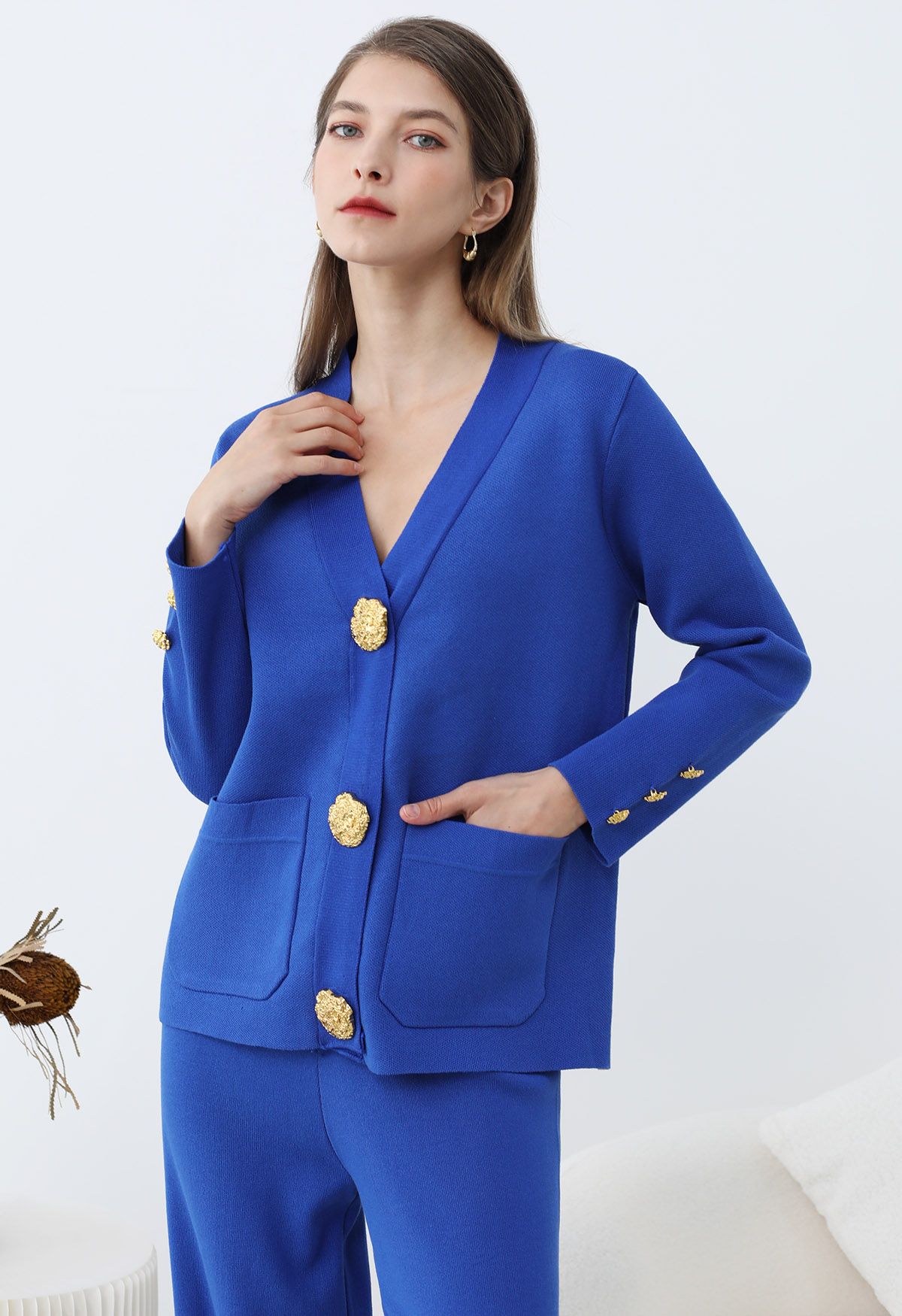Elegant Knit Sweater Set – V-Neck Cardigan & Wide-Leg Pants