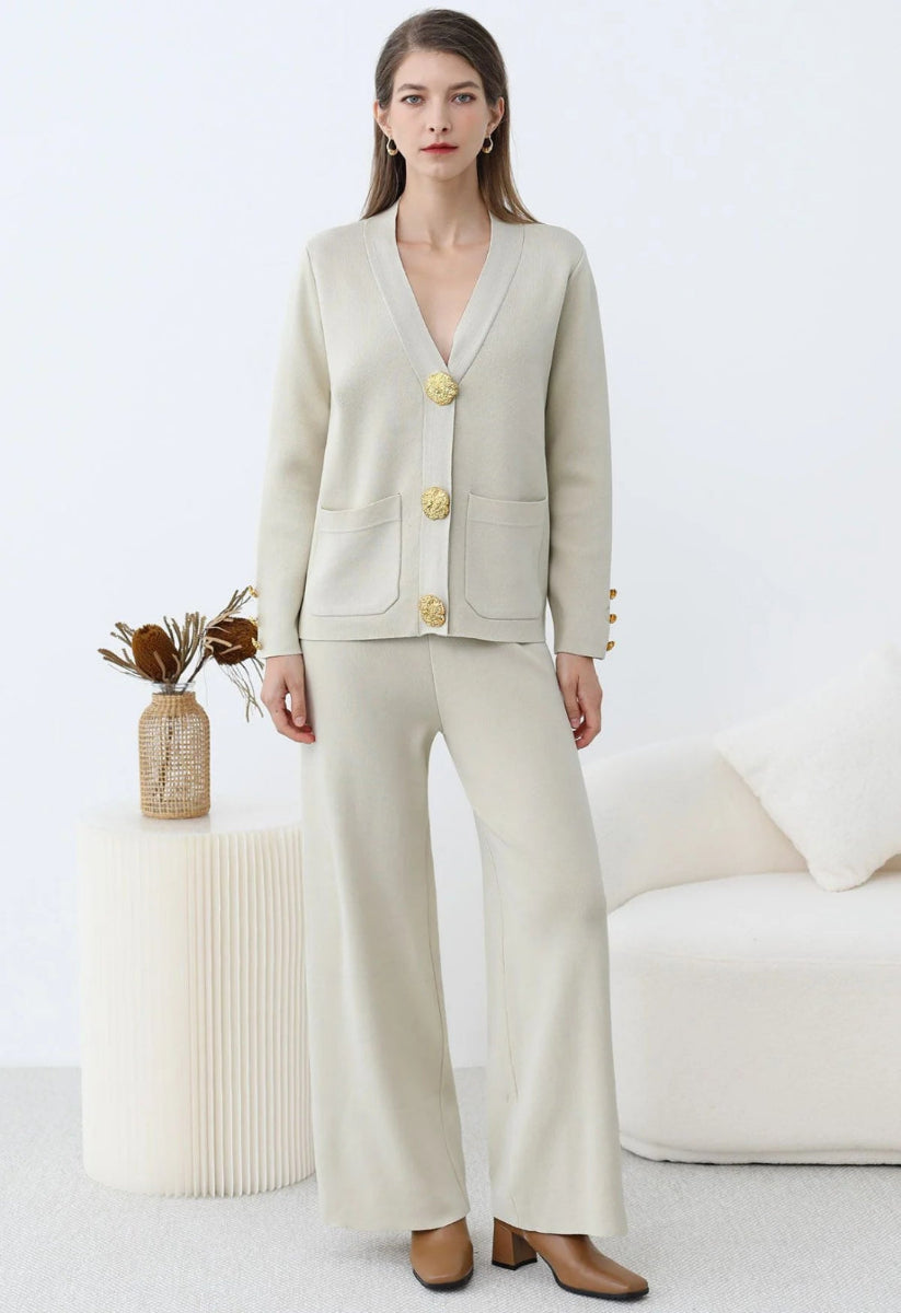 Elegant Knit Sweater Set – V-Neck Cardigan & Wide-Leg Pants