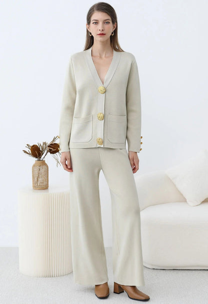 Elegant Knit Sweater Set – V-Neck Cardigan & Wide-Leg Pants