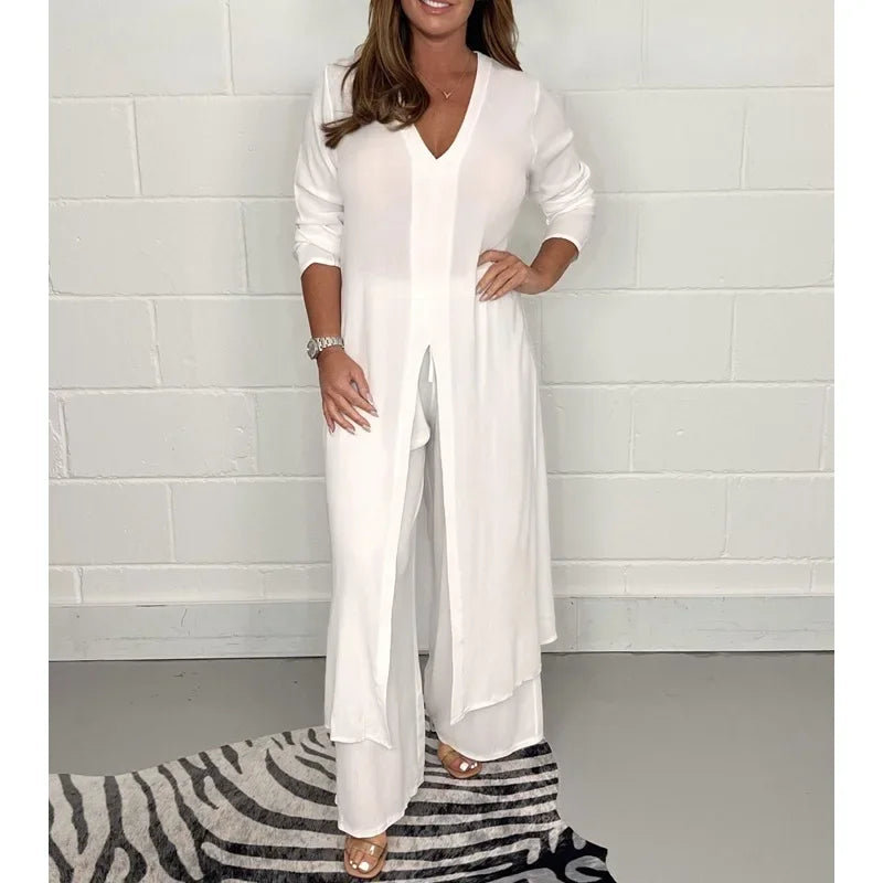 Women's Solid Color Slit Top & Trousers Set