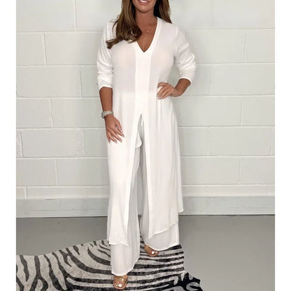 Women's Solid Color Slit Top & Trousers Set