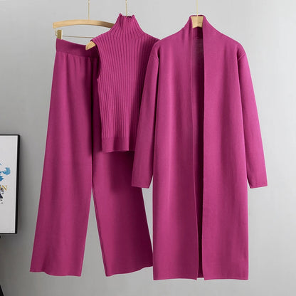 Elegant 3-Piece Knitted Set – Cardigan, Top & Wide-Leg Pants