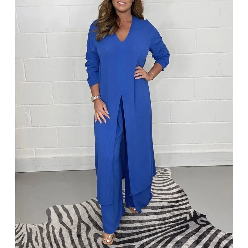 Women's Solid Color Slit Top & Trousers Set