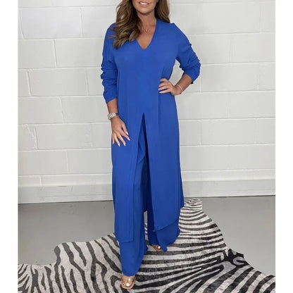 Women's Solid Color Slit Top & Trousers Set