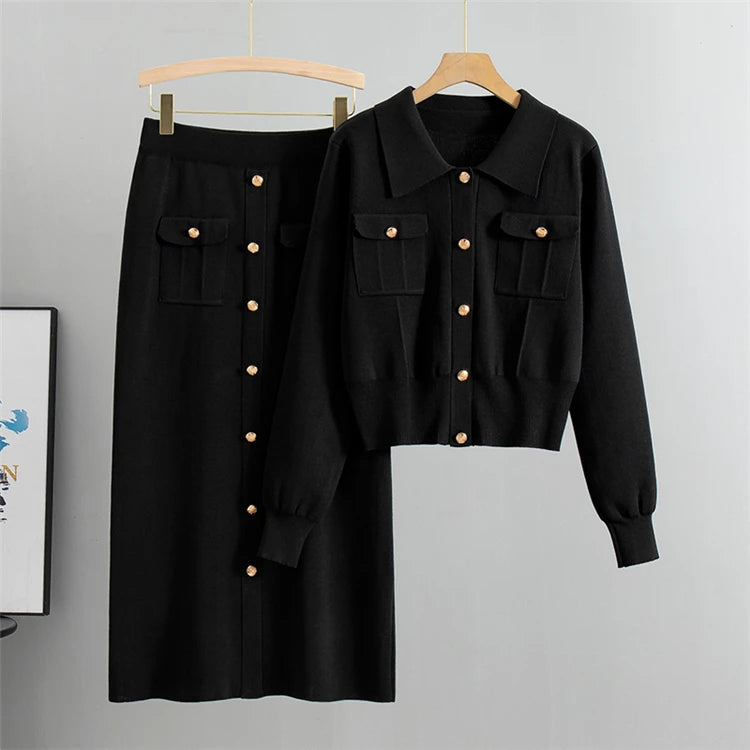 Elegant Knit Sweater & High-Waist Skirt Set – Chic Office Wear