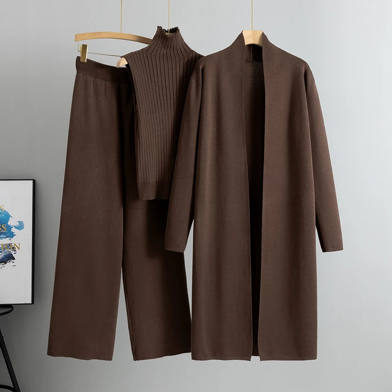 Elegant 3-Piece Knitted Set – Cardigan, Top & Wide-Leg Pants