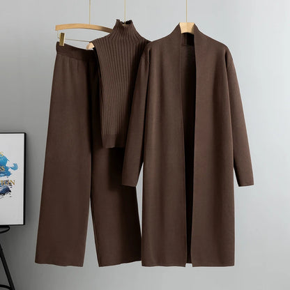 Elegant 3-Piece Knitted Set – Cardigan, Top & Wide-Leg Pants