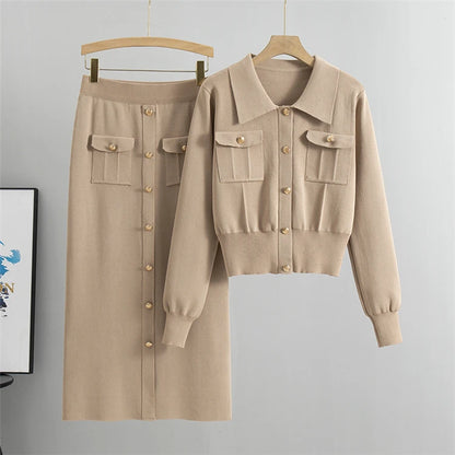 Elegant Knit Sweater & High-Waist Skirt Set – Chic Office Wear
