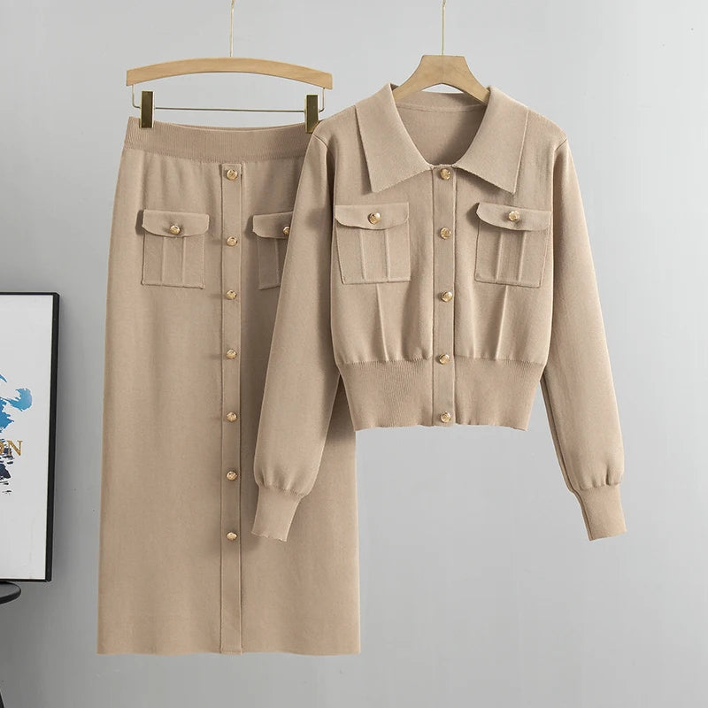 Elegant Knit Sweater & High-Waist Skirt Set – Chic Office Wear