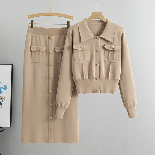Elegant Knit Sweater & High-Waist Skirt Set – Chic Office Wear