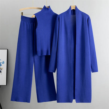 Elegant 3-Piece Knitted Set – Cardigan, Top & Wide-Leg Pants