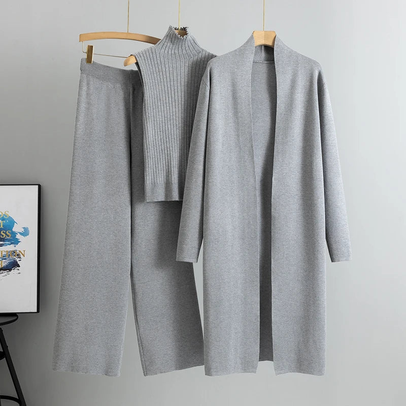 Elegant 3-Piece Knitted Set – Cardigan, Top & Wide-Leg Pants