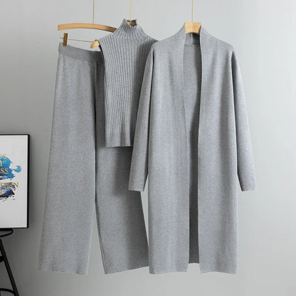 Elegant 3-Piece Knitted Set – Cardigan, Top & Wide-Leg Pants