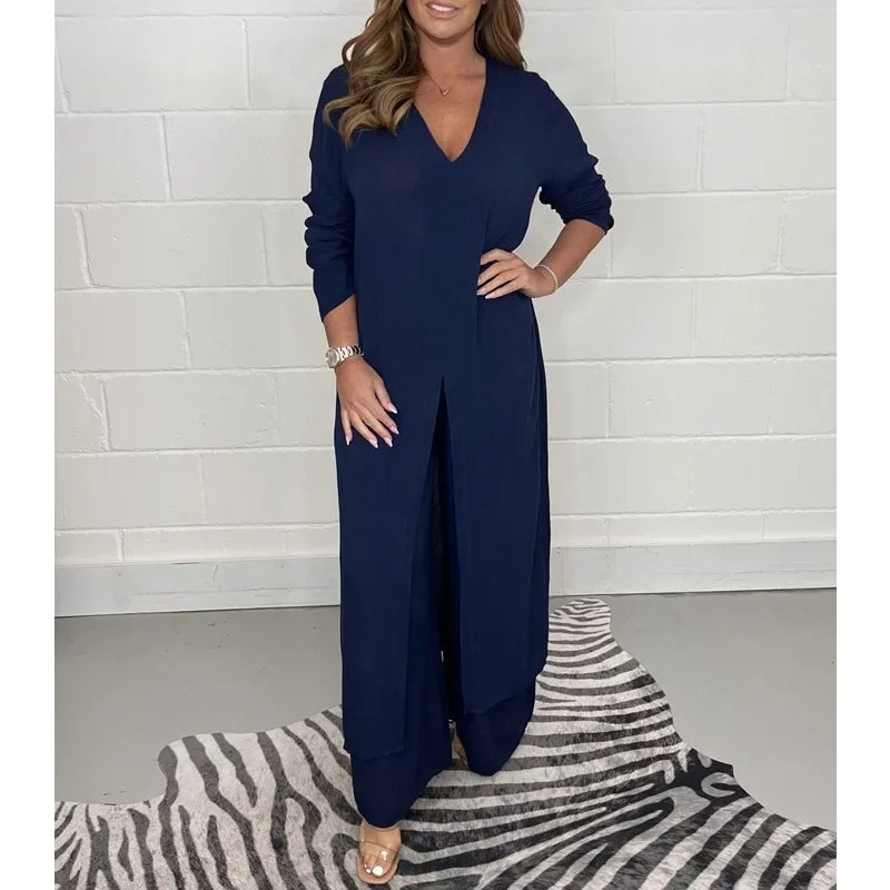 Women's Solid Color Slit Top & Trousers Set