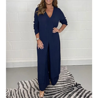 Women's Solid Color Slit Top & Trousers Set