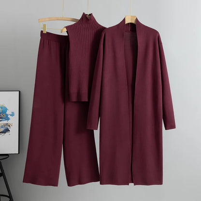 Elegant 3-Piece Knitted Set – Cardigan, Top & Wide-Leg Pants