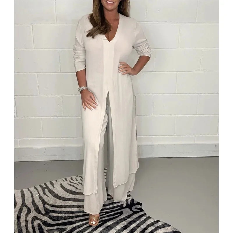 Women's Solid Color Slit Top & Trousers Set