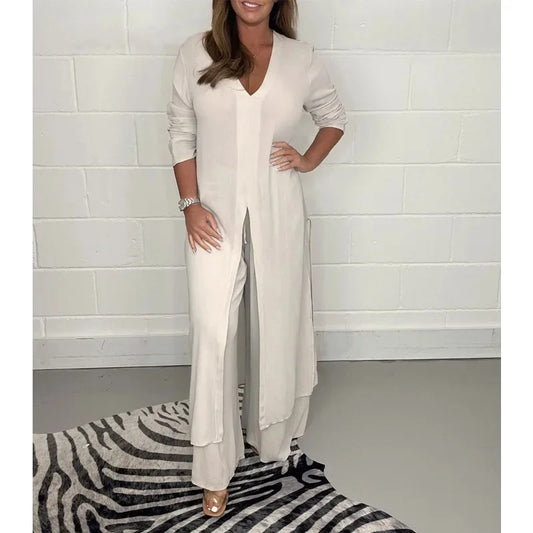 Women's Solid Color Slit Top & Trousers Set
