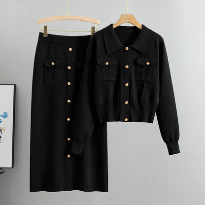 Elegant Knit Sweater & High-Waist Skirt Set – Chic Office Wear