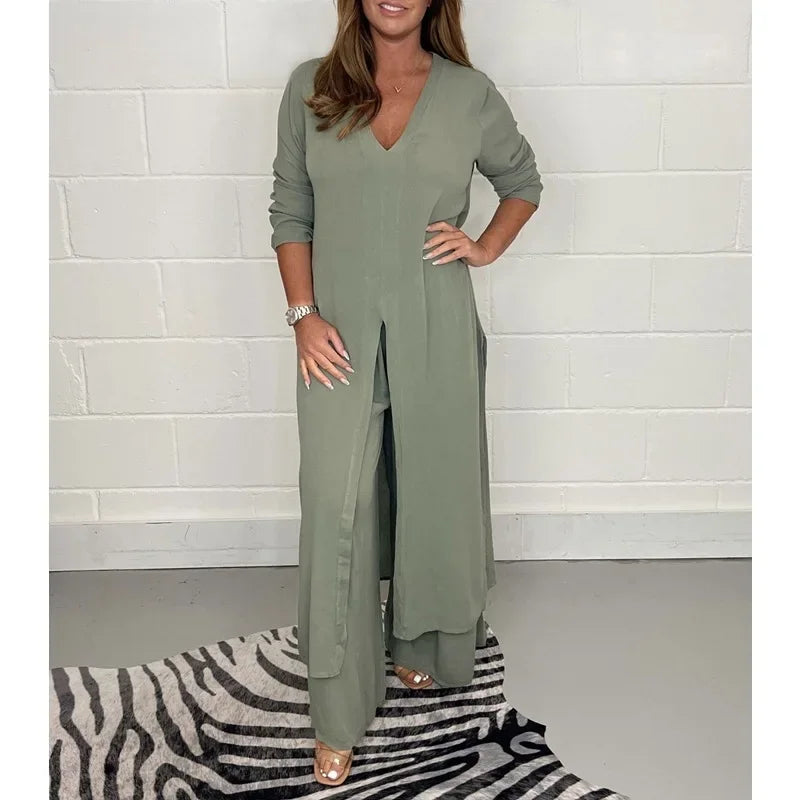 Women's Solid Color Slit Top & Trousers Set