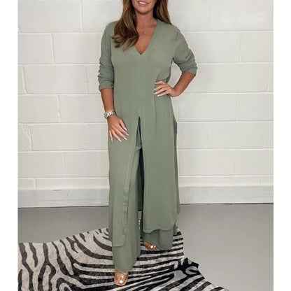 Women's Solid Color Slit Top & Trousers Set