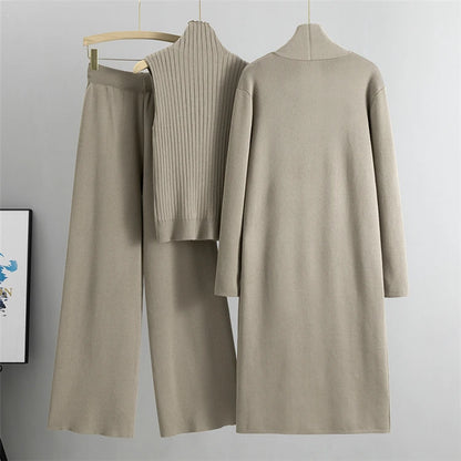 Elegant 3-Piece Knitted Set – Cardigan, Top & Wide-Leg Pants