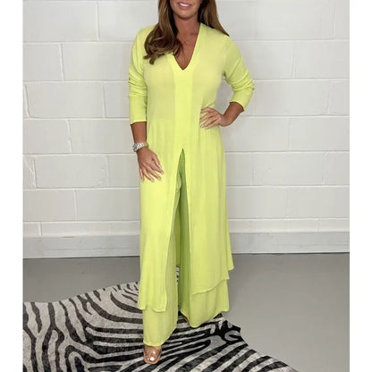 Women's Solid Color Slit Top & Trousers Set