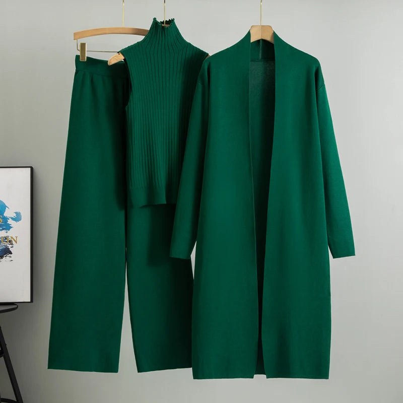 Elegant 3-Piece Knitted Set – Cardigan, Top & Wide-Leg Pants