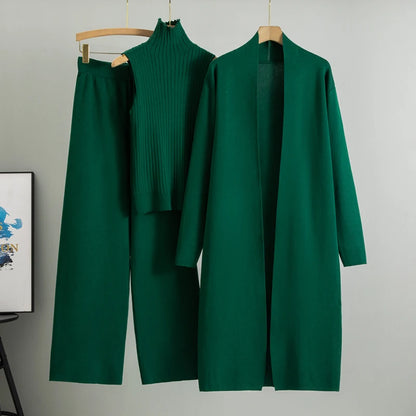 Elegant 3-Piece Knitted Set – Cardigan, Top & Wide-Leg Pants