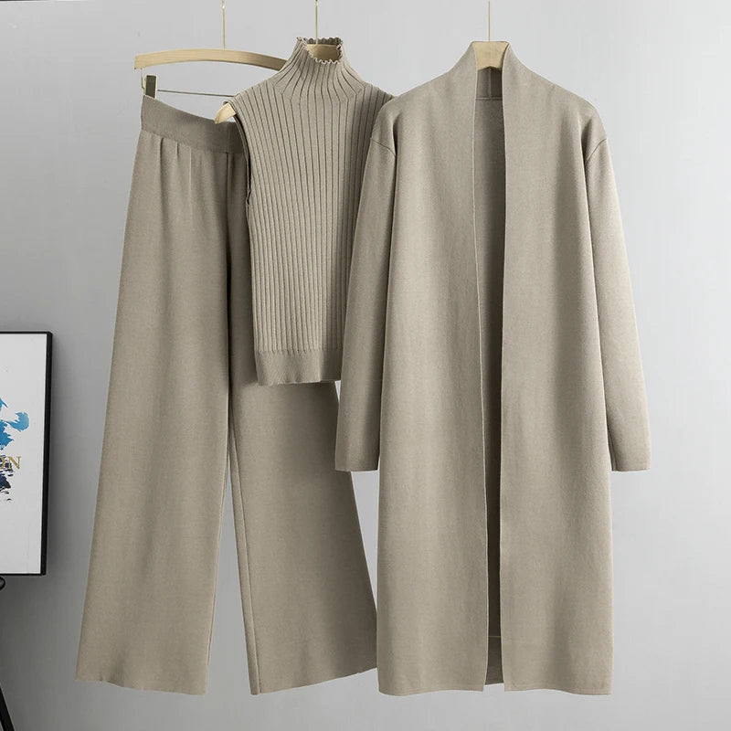 Elegant 3-Piece Knitted Set – Cardigan, Top & Wide-Leg Pants