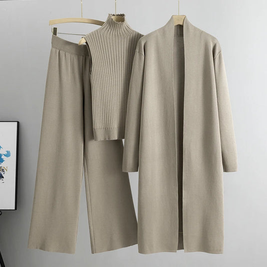 Elegant 3-Piece Knitted Set – Cardigan, Top & Wide-Leg Pants