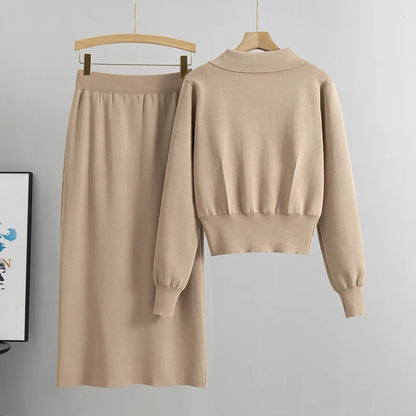 Elegant Knit Sweater & High-Waist Skirt Set – Chic Office Wear